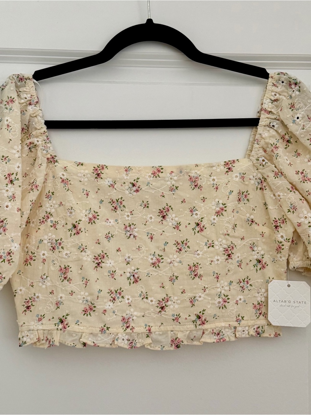 Altar'd State Cream Floral Square-Neck Crop Top with Puff Sleeves